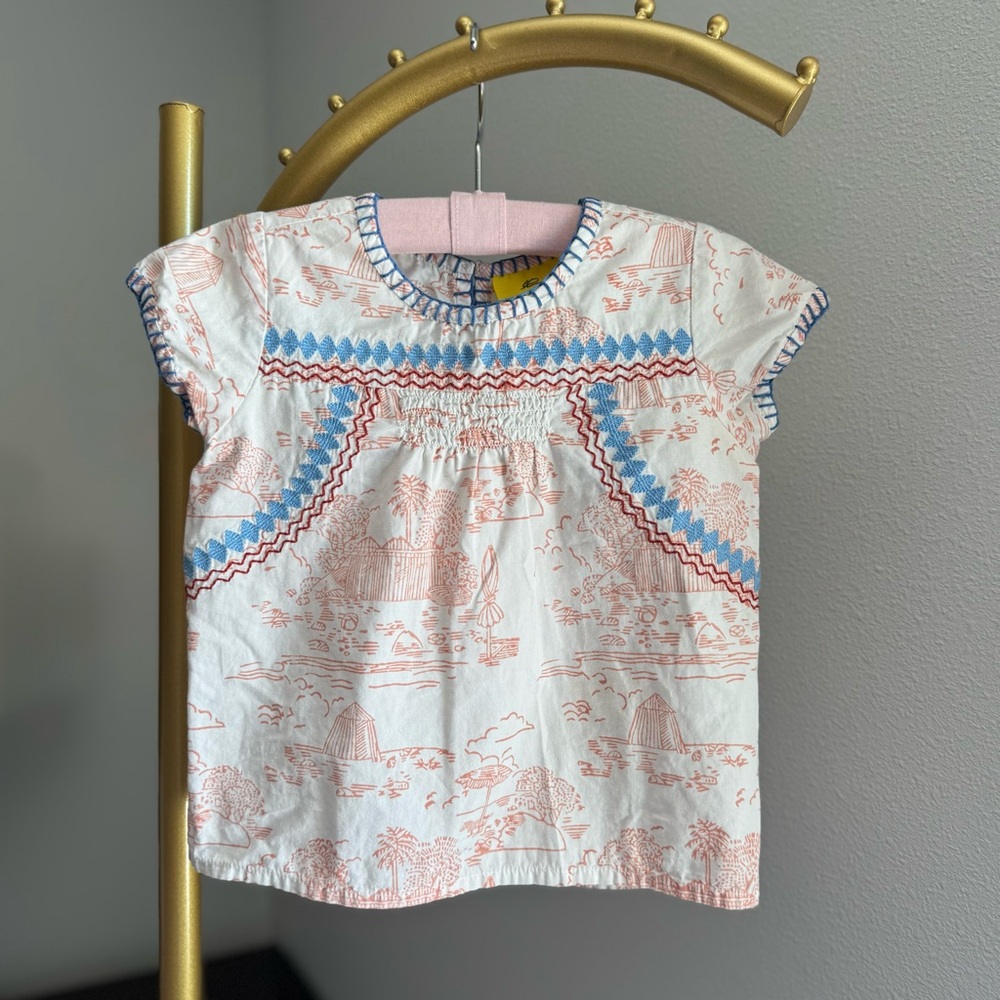 Roller Rabbit Girls Embroidered Smocked Cotton Top Beach Print 2T